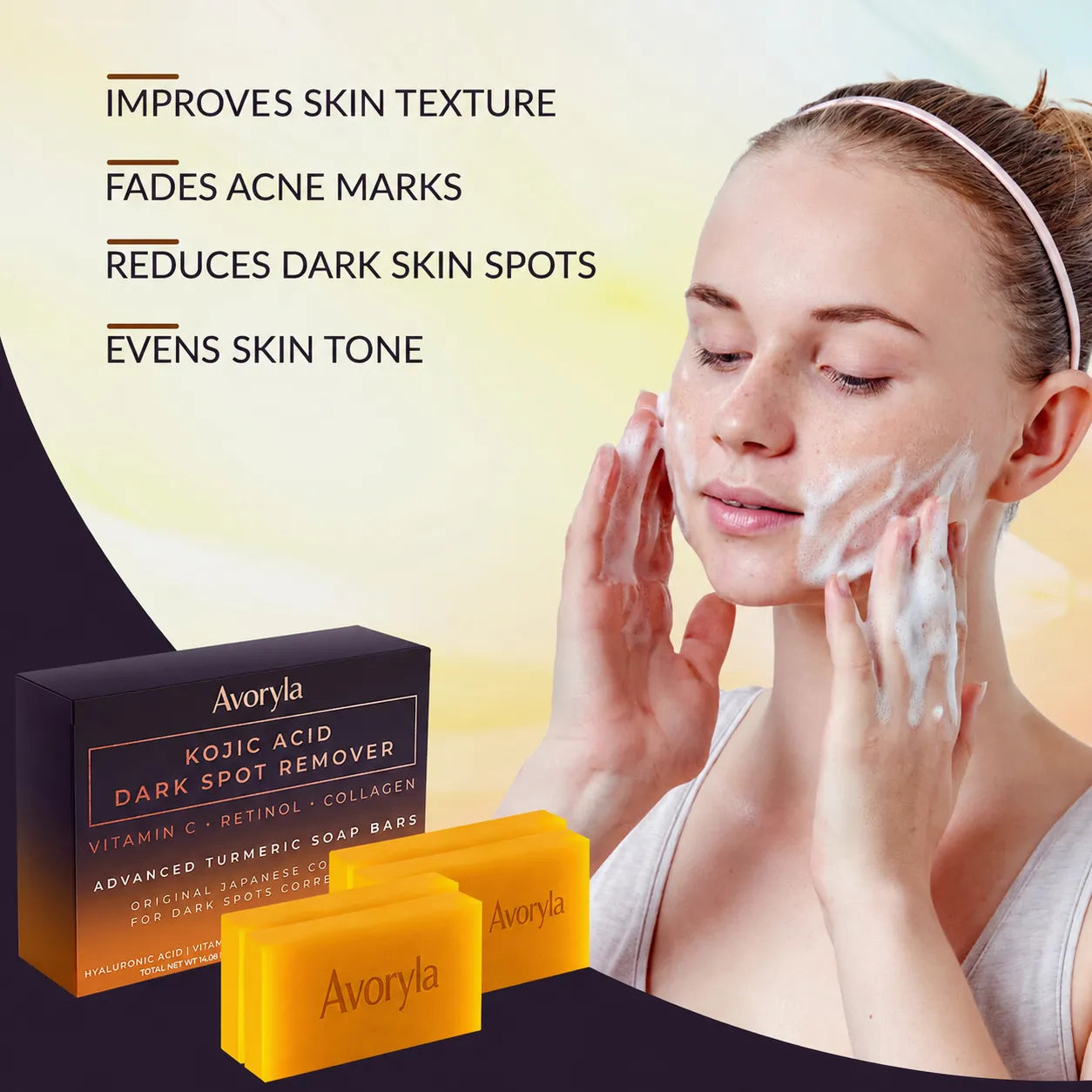 Avoryla Kojic Acid Dark Spot Remover Soap | Vitamin C + Retdinol + Turmeric | Japanese Complex