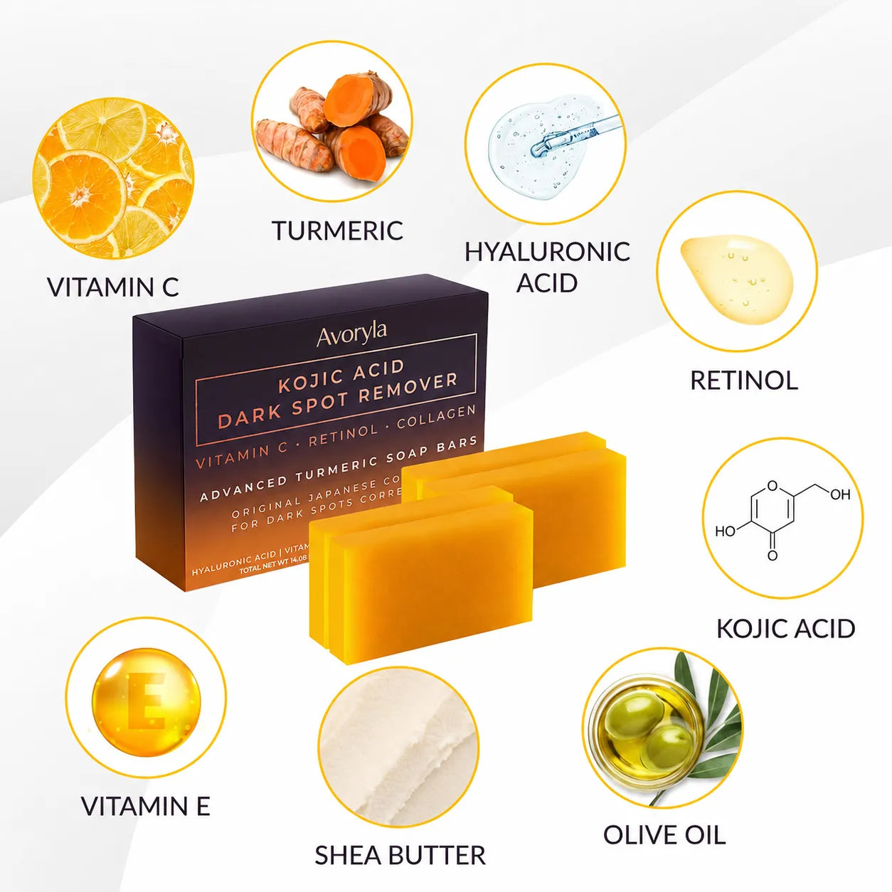 Avoryla Kojic Acid Dark Spot Remover Soap | Vitamin C + Retdinol + Turmeric | Japanese Complex